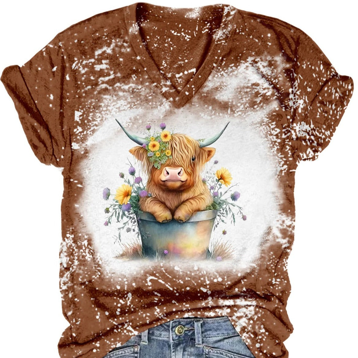 Baby Highland Cow Tie Dye V Neck All-over